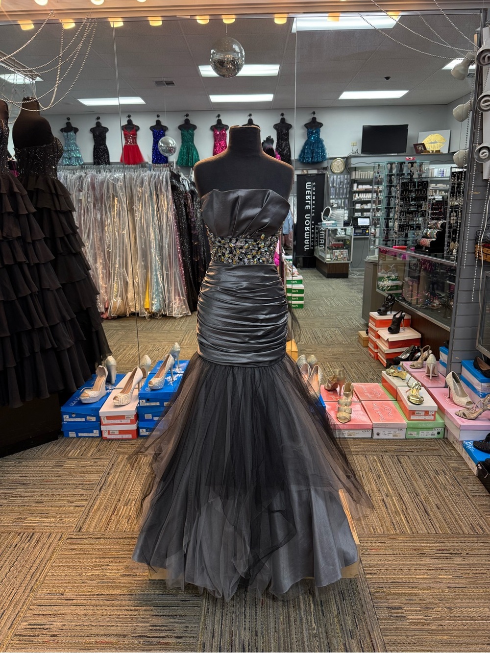 PARTY TIME FORMALS SZ-6 6687 PLATINUM STRAPLESS PROM PAGEANT FORMAL DRESS